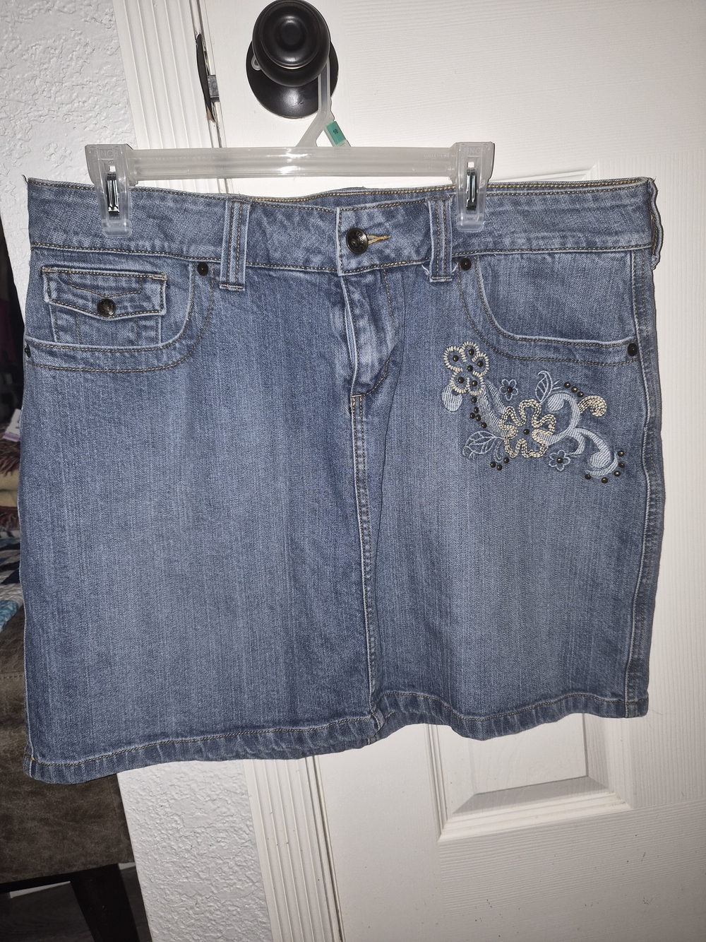 L.A. Blues Light Blue Denim Mini Skirt with Embroidered Floral Accent
